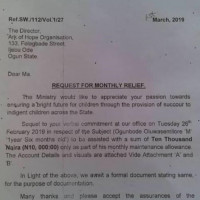 Letter of Appreciation from the Ogun State Ministry of Women Affairs to Ark of Hope